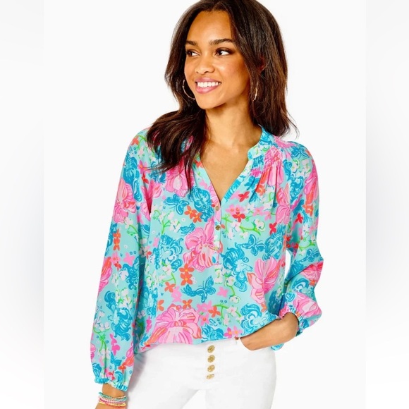 Lilly Pulitzer Elsa 100% Silk Top Blouse in Luscious Lions Surf Blue sz M - Picture 15 of 15